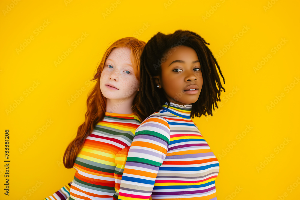 Portrait of two girls in rainbowish clothes on yellow background
Portrait of two girls in rainbowish clothes on yellow background