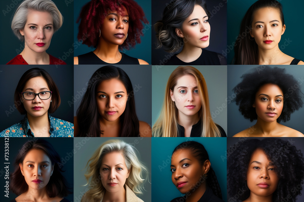 Different portraits of women in front of a gray background. Different portraits of women in front of a gray background.