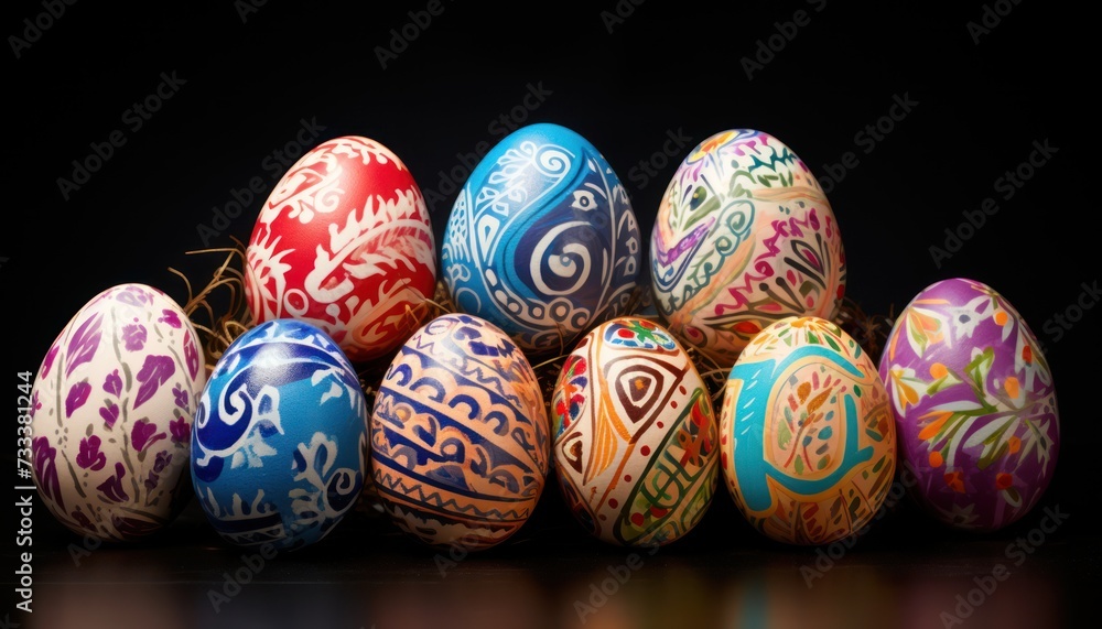 Easter eggs with letters and numbers pattern, on black wood texture theme background Easter eggs with letters and numbers pattern, on black wood texture theme background