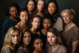 Group of diverse women looking at the camera with a serious expression.
