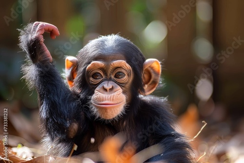 A curious common chimpanzee explores the great outdoors, reaching out with a tiny hand in search of adventure and connection with its primate family