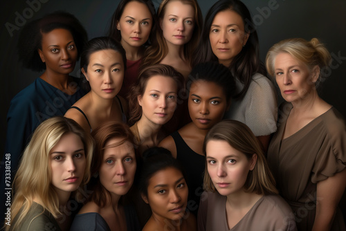 Group of diverse women looking at the camera with a serious expression. 