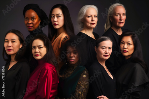 Group portrait of a diverse group of women in black and red. 