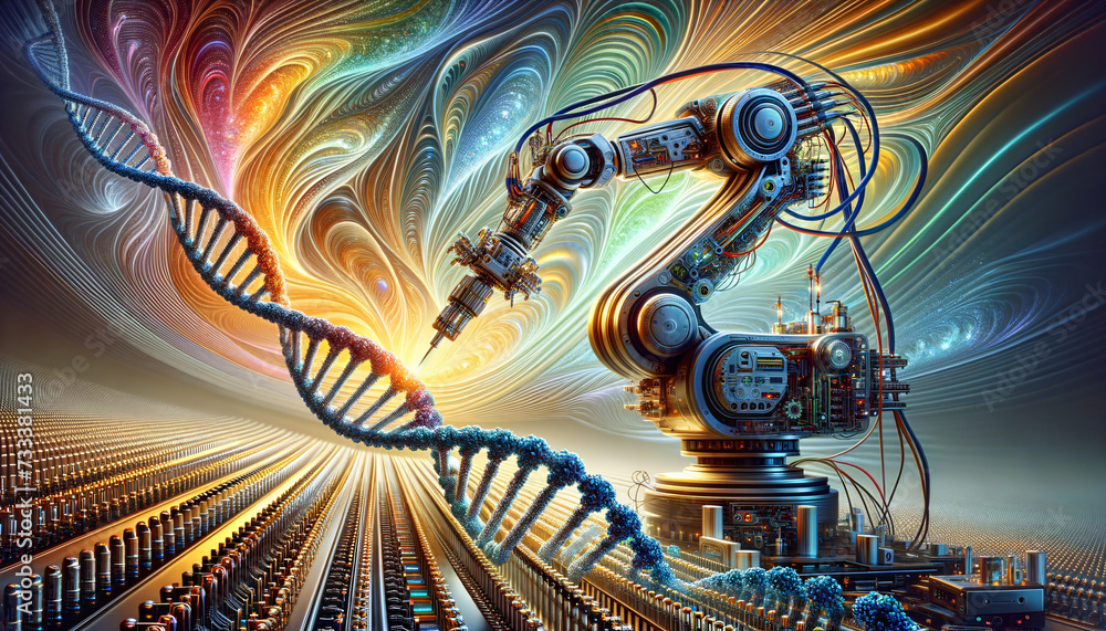 Futuristic robotic arm manipulating DNA strand with surreal backdrop. Futuristic robotic arm manipulating DNA strand with surreal backdrop.