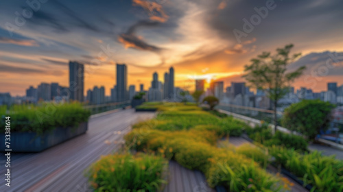 This blurred image captures the essence of a sunset over a city skyline, viewed from a lush rooftop garden with a serene ambiance. Resplendent.