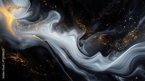 Fluid strokes of moonlit ivory and opulent gold dancing gracefully, leaving an ethereal and timeless abstract imprint on a background of profound black. 