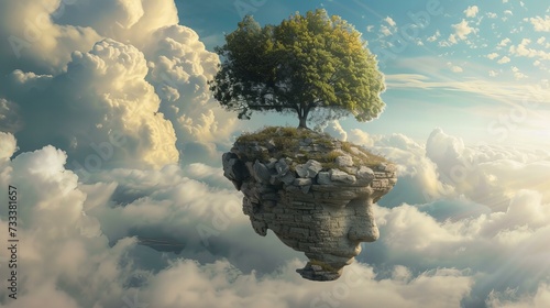 head and tree drifting above clouds, mental balance concept, mindfulness wall art home decor print © Christopher