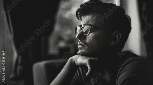 portrait of a worried man in glasses, black and white, side view