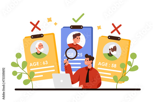 Age discrimination, ageism problem of society. Tiny HR manager with prejudice towards older candidates for vacancy, studying resume of employees through magnifying glass cartoon vector illustration