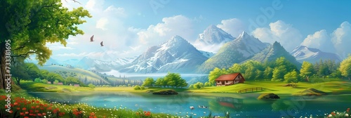landscape with lake and mountains wall art home decor print