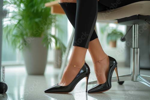 A poised woman struts confidently in her classic black high heels, showcasing her elegant ankle and calf in the indoor setting