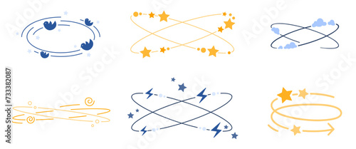 Dizzy line icons set. Vertigo and dizziness symbols collection with spinning stars and clouds motion, flying birds and scribbles, headache and stupid feeling, hangover metaphor vector illustration photo