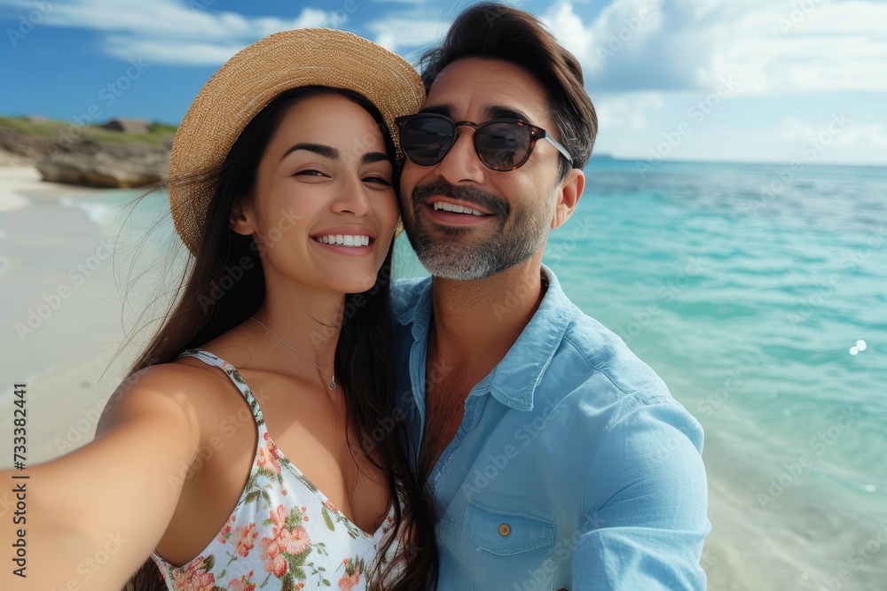 A joyful couple captures their sun-kissed honeymoon bliss with a trendy selfie on the sandy beach, adorned with stylish hats and sunglasses, as the clear blue sky and ocean waves provide the perfect 