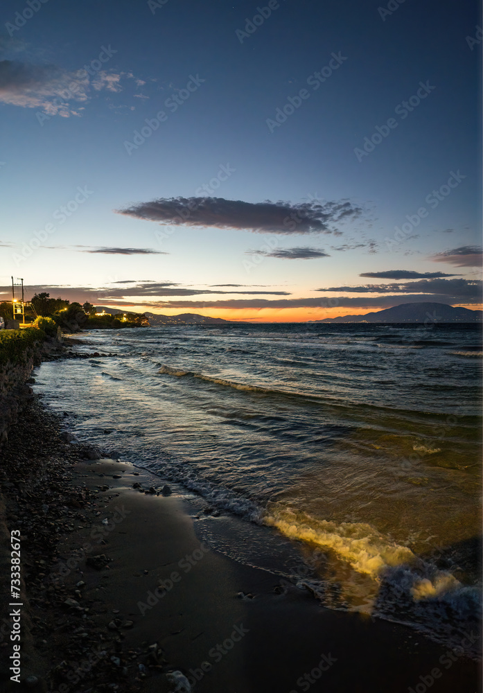 Long exposure shot of a coastal view of Mediterranean Sea during sunset near drosia located in Zakynthos, Greece