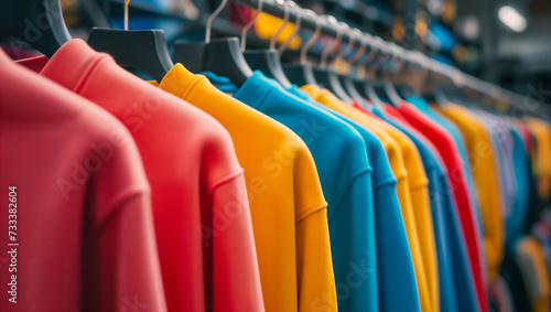 Vibrant display of sweatshirts on hangers in a textile retail setting.