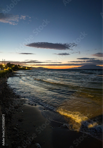 Obraz na płótnie Long exposure shot of a coastal view of Mediterranean Sea during sunset near drosia located in Zakynthos, Greece w salonie
