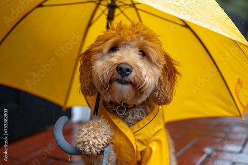 A playful labradoodle, a crossbreed between a poodle and terrier, braves the rain with a cheerful yellow umbrella in its mouth, showcasing the lovable bond between dog and owner photo