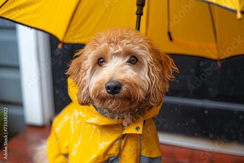 A loyal golden retriever braves the wet weather, sporting a bright yellow raincoat and adorably holding an umbrella like their human companion photo