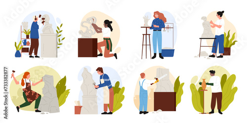Sculptors work set, craftsmanship and profession. People workers making creative art sculptures in workshop, man and woman artists working with carving tools and clay cartoon vector illustration
