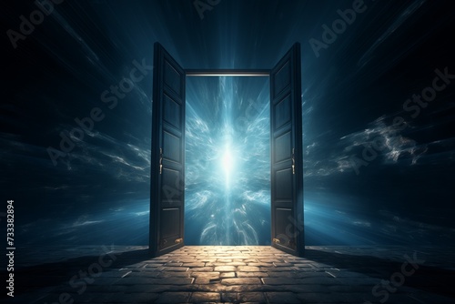 open door with light at the end, new life and opportunity concept, changes and right decision photo
