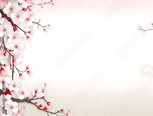 Delicate cherry blossoms creating a beautiful border on a crisp white background with ample copy space. Elegant white blank card surrounded by cherry blossoms on a soft purple background, perfect for © Khizar