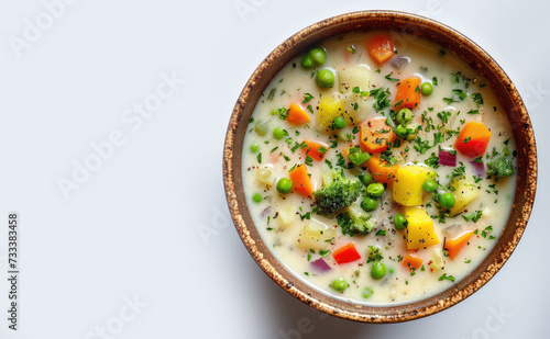 Top view of a vegetable soup on a solid white background. Concept of vegetarian, healthy eating. Copy space for text, advertising, message, logo