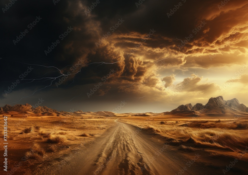 A long dirt road stretches across a desert landscape surrounded by sand dunes under threatening stormy skies.