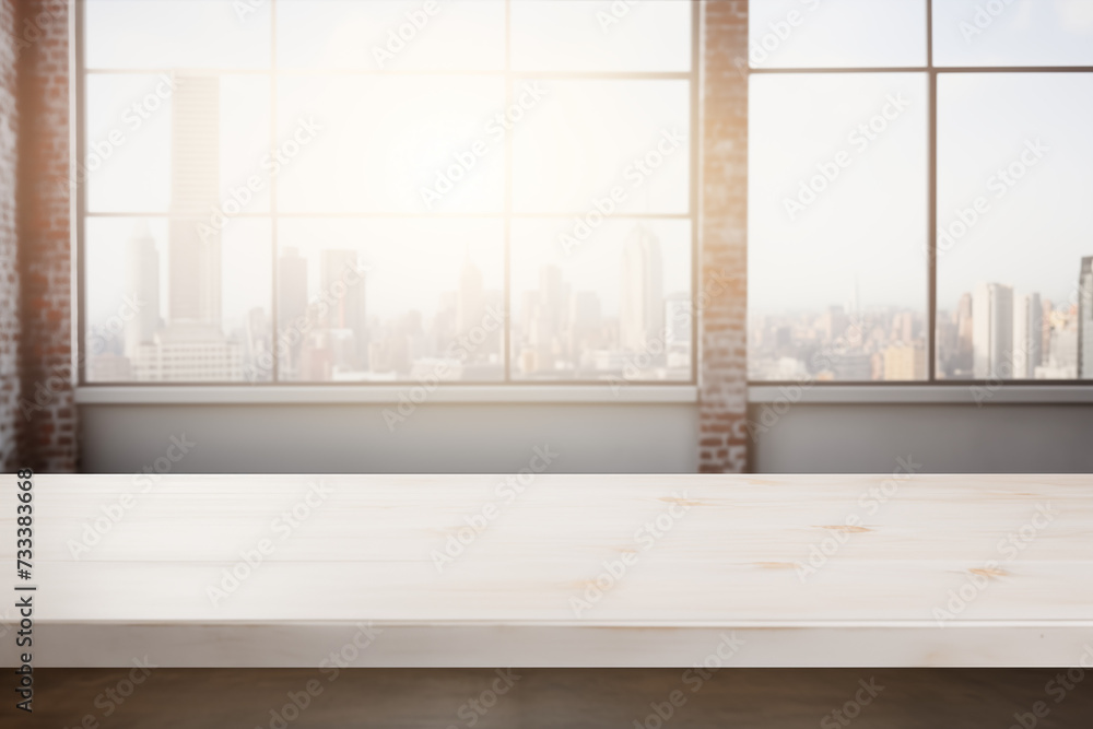 Fototapeta premium Wooden table in a modern office interior with a city view. Mock up.