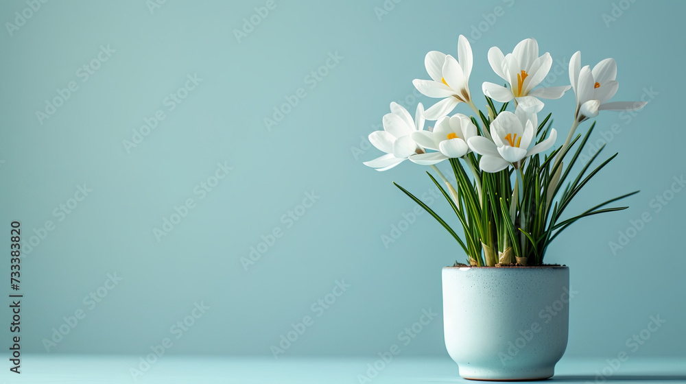 white crocuses on the light blue background white crocuses on the light blue background