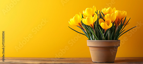bouqet of crocuses in the pot on the yellow background photo
