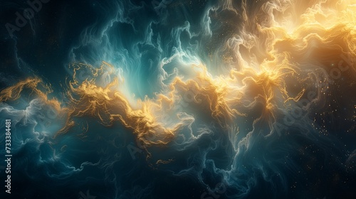 Radiant bursts of sunlit gold and oceanic turquoise merging seamlessly, crafting a luminous and captivating abstract expression on a canvas of deep cosmic black.  photo
