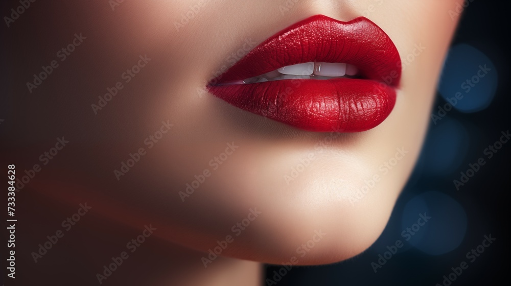 Fototapeta premium Close-Up of Woman's Red Lips with Softly Textured Skin. Beauty and Makeup Concept. 