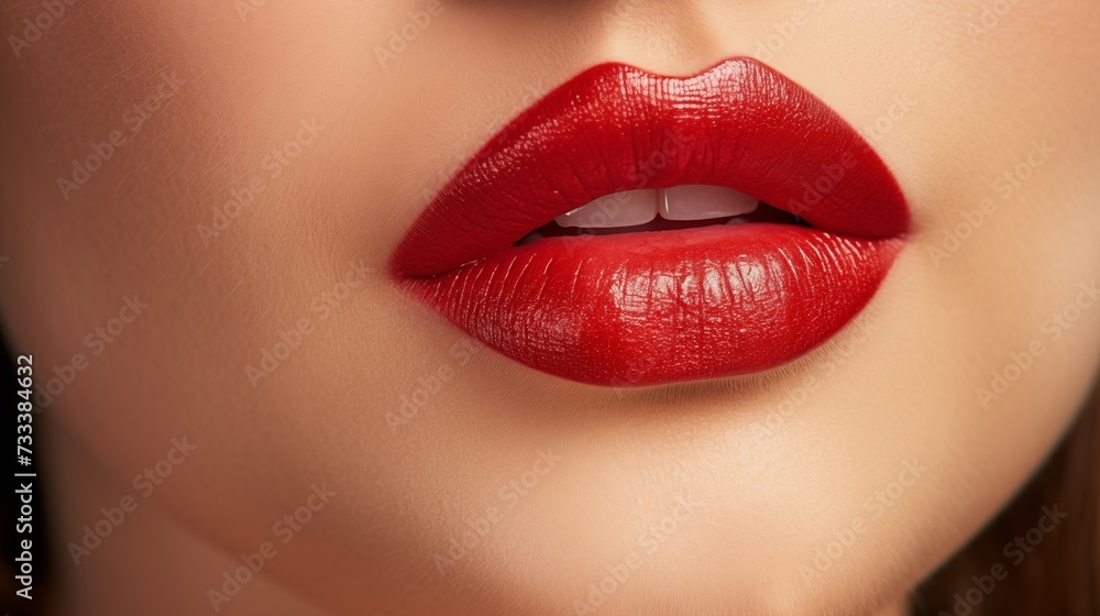 Close-Up of Woman's Red Lips with Softly Textured Skin. Beauty and Makeup Concept. Close-Up of Woman's Red Lips with Softly Textured Skin. Beauty and Makeup Concept.