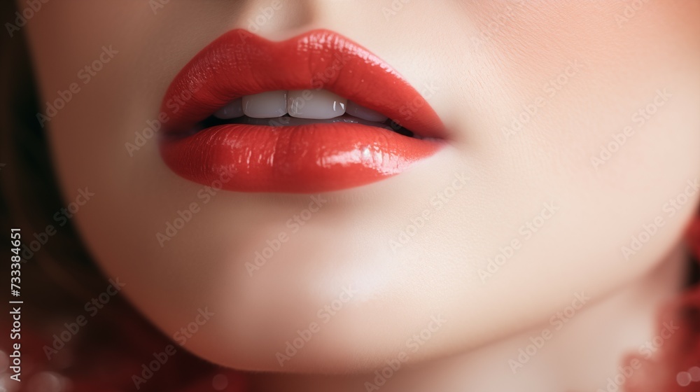 Fototapeta premium Close-Up of Woman's Red Lips with Softly Textured Skin. Beauty and Makeup Concept.
