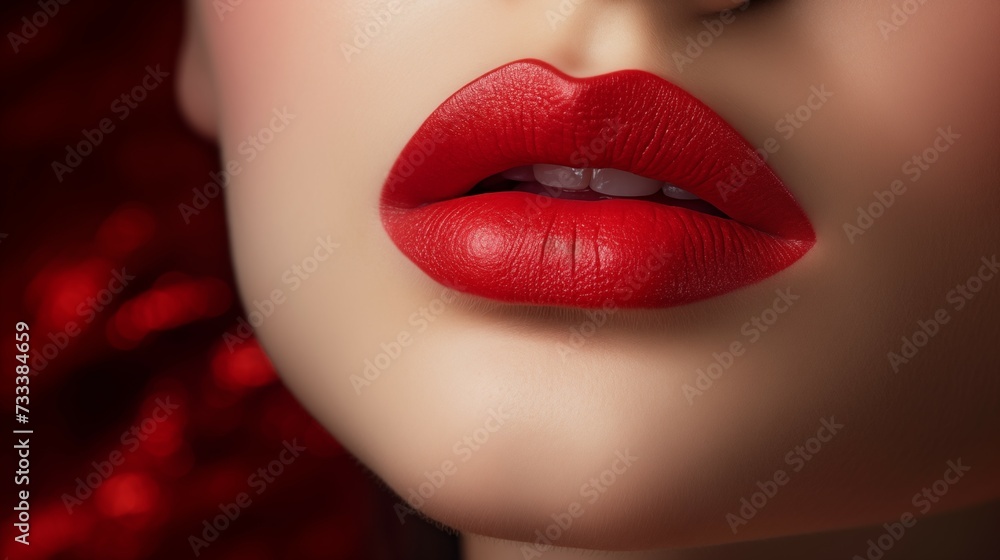 Close-Up of Woman's Red Lips with Softly Textured Skin. Beauty and Makeup Concept. Close-Up of Woman's Red Lips with Softly Textured Skin. Beauty and Makeup Concept.