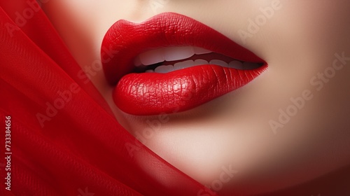 Close-Up of Woman s Red Lips with Softly Textured Skin. Beauty and Makeup Concept. 