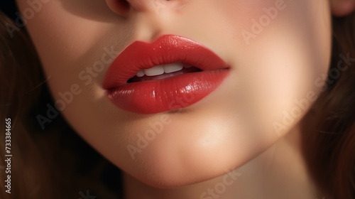 Close-Up of Woman s Red Lips with Softly Textured Skin. Beauty and Makeup Concept. 