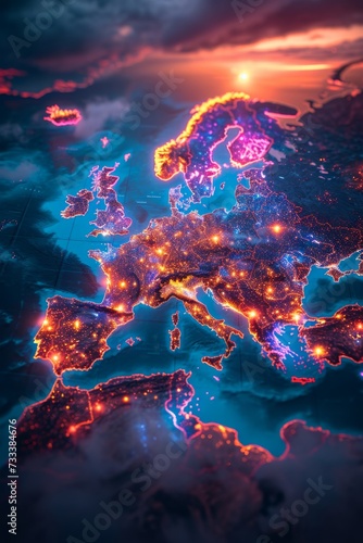 Macro photography of placemarks over the main capitals of the European continent. A map of Europe in neon light with markers. 3d illustration