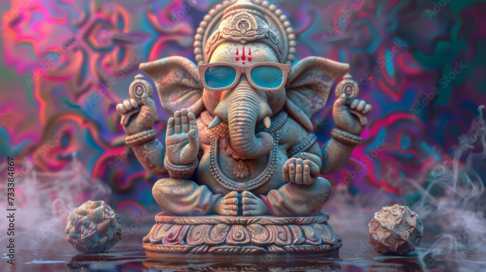 Detailed Ganesh idol with red shades, raising a hand in blessing against a vibrant, psychedelic backdrop, exuding a sense of peace and spirituality