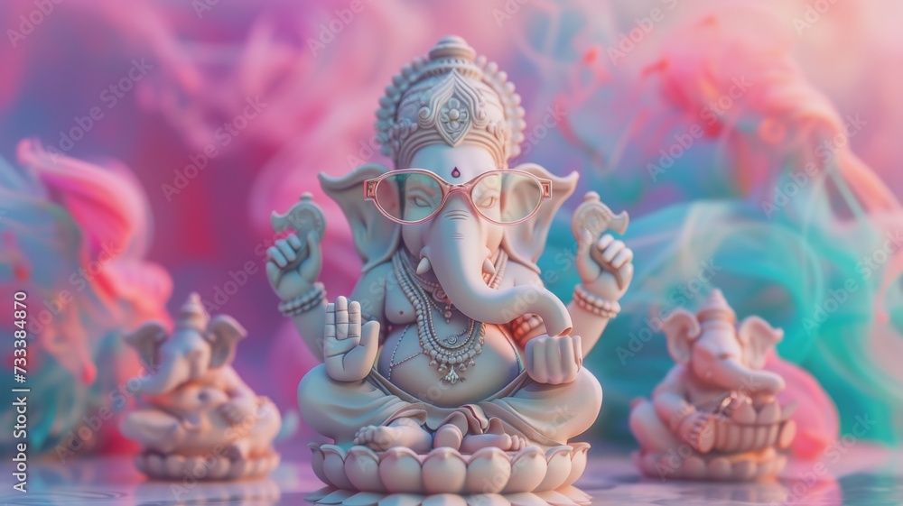 Artistic rendition of Ganesh idol with ethereal blue coloring, framed by surreal smoke and mystical creatures, evoking a dreamlike spiritual experience - obrazy, fototapety, plakaty 