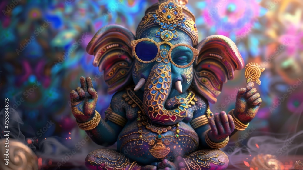 Richly decorated blue Ganesh statue sporting stylish sunglasses, set against a kaleidoscopic background, merging tradition with a modern twist