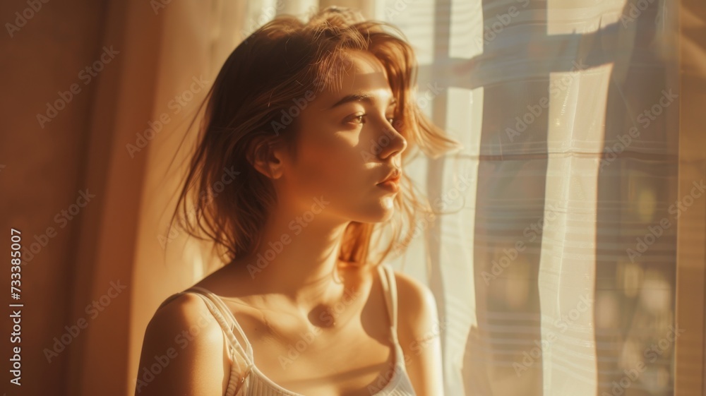 Woman bathed in golden sunlight near a window with a sheer curtain - obrazy, fototapety, plakaty 