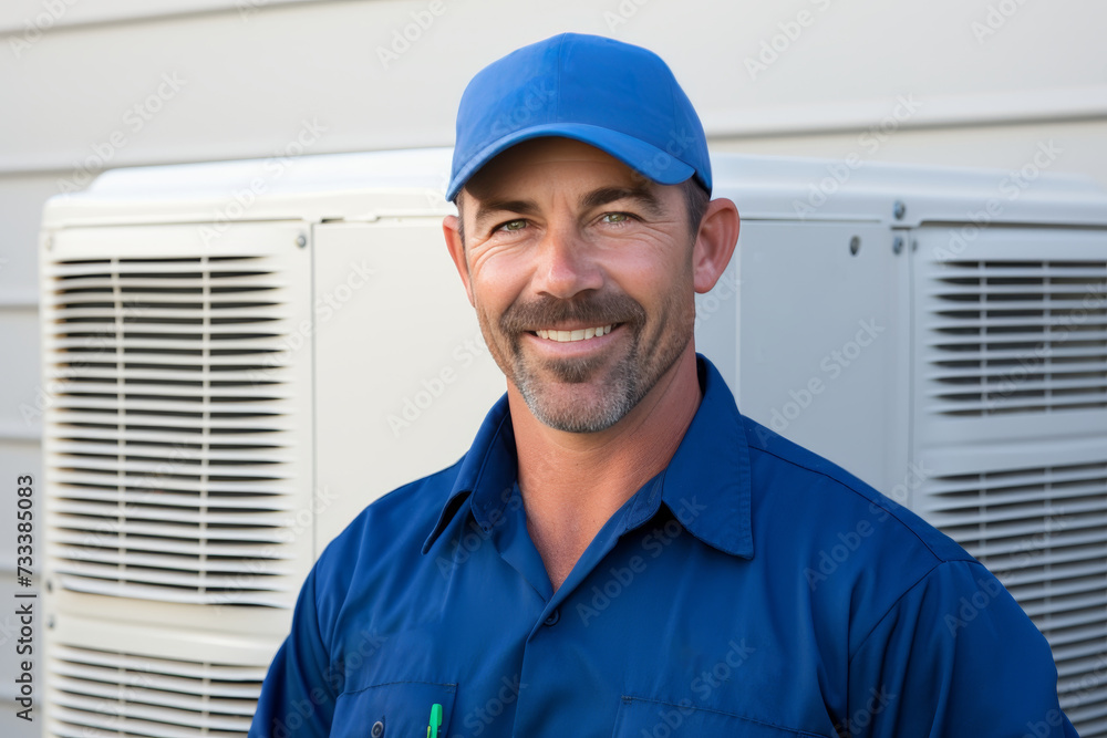 Professional technician in overalls smiling and servicing air conditioners with expertise Professional technician in overalls smiling and servicing air conditioners with expertise