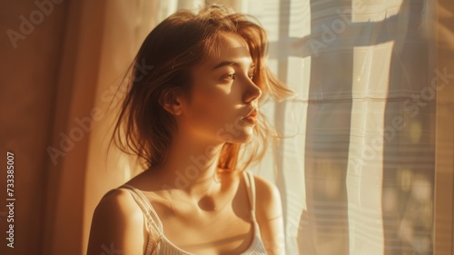 Woman bathed in golden sunlight near a window with a sheer curtain photo
