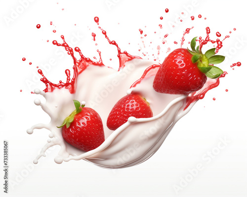 Milk splash with strawberries isolated on white background