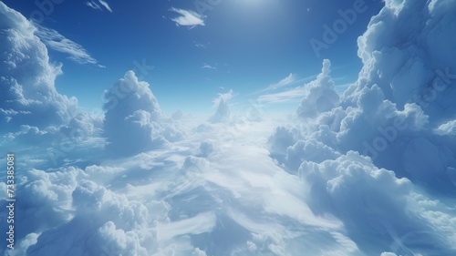 Ethereal clouds flowing over snow-capped peaks under a clear blue sky