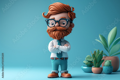 A cute, flat vector illustration of a young guy, a hipster character with a beard and glasses, exuding a funny and charming vibe. photo