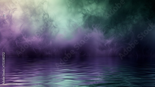 Subdued hues of misty lavender and sage green delicately blending in water, forming a tranquil and sophisticated abstract tableau against a rich black background. 