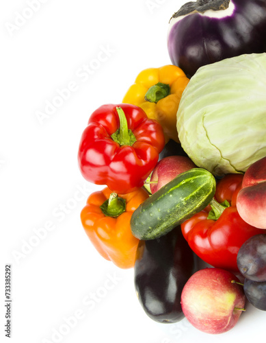 Set of vegetables and fruits isolated on a white. There is free space for text. Vertical photo