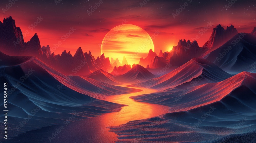 Artistic rendering of a moonrise over layered mountain ranges, with a harmonious blend of warm and cool tones